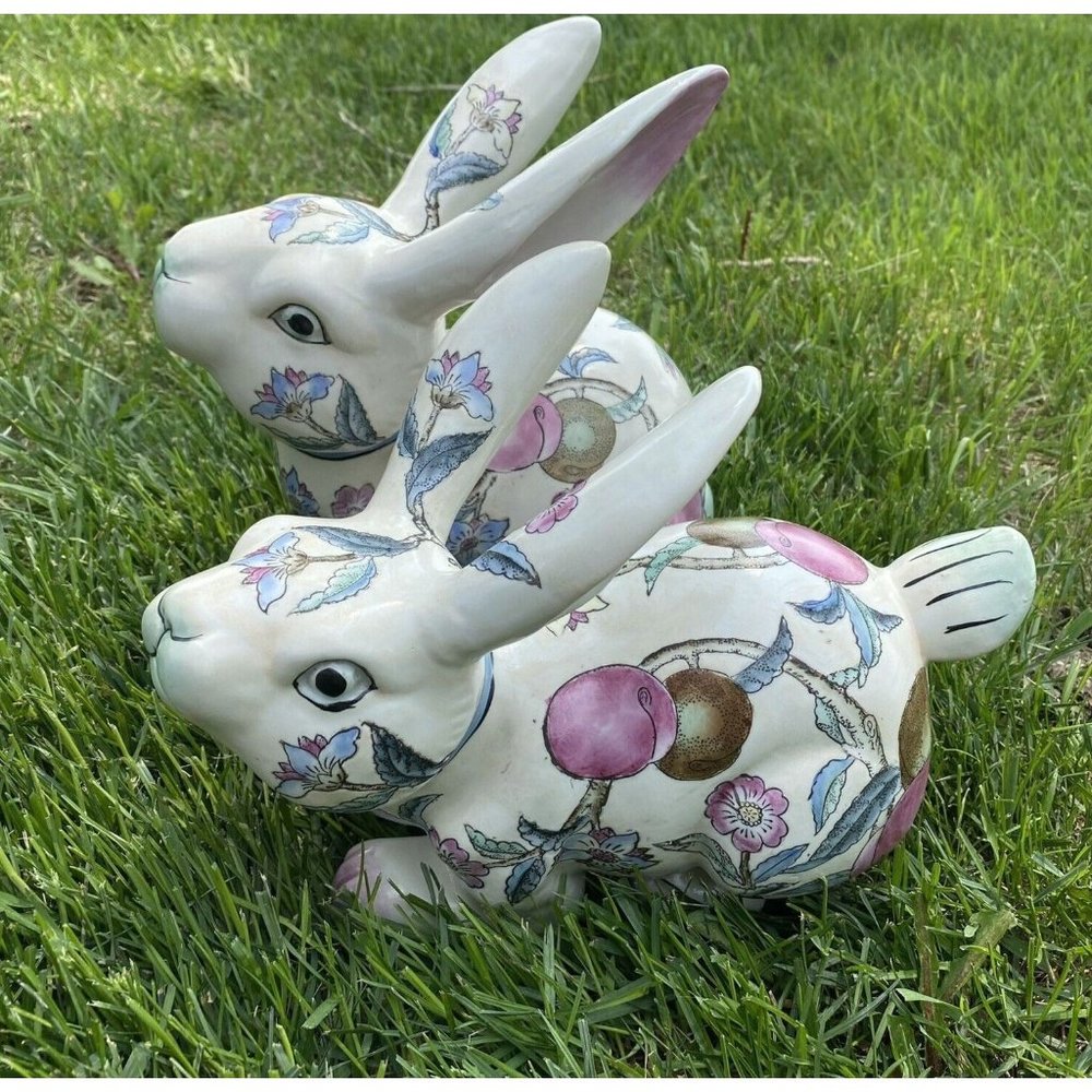Rabbit Statues Chinese Enamel Porcelain Pair of Life Size 1950s 60s Handpainted